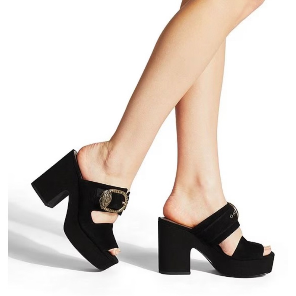 Kurt Geiger Mayfair black suede crystal buckle platform heels NWT - Picture 3 of 12